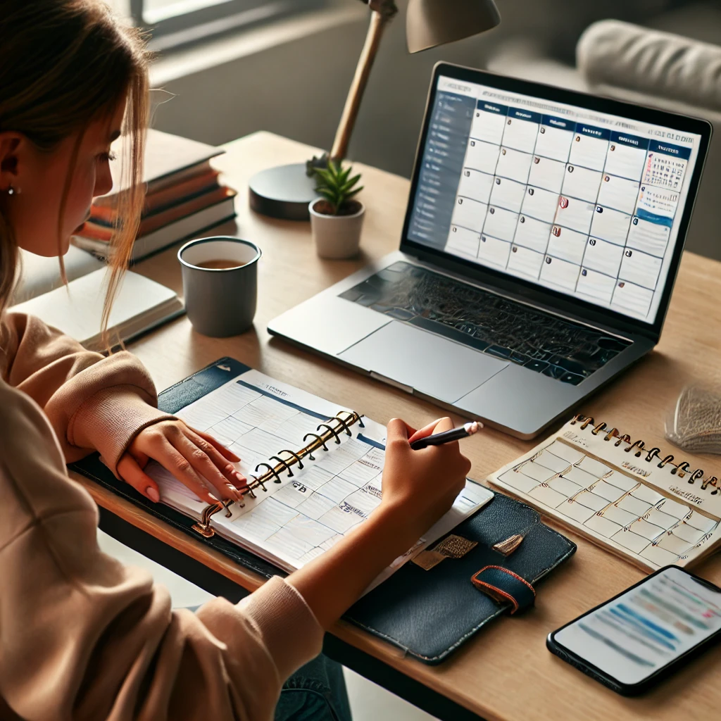 A college student sitting at a desk with a planner, calendar, and laptop. The student is writing in the planner while the laptop screen shows a schedule