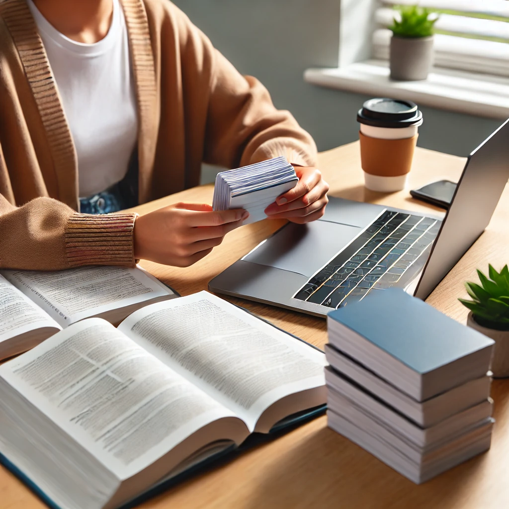  A college student using flashcards to study. The student is sitting at a desk with a neat stack of flashcards, a laptop, and a textbook.