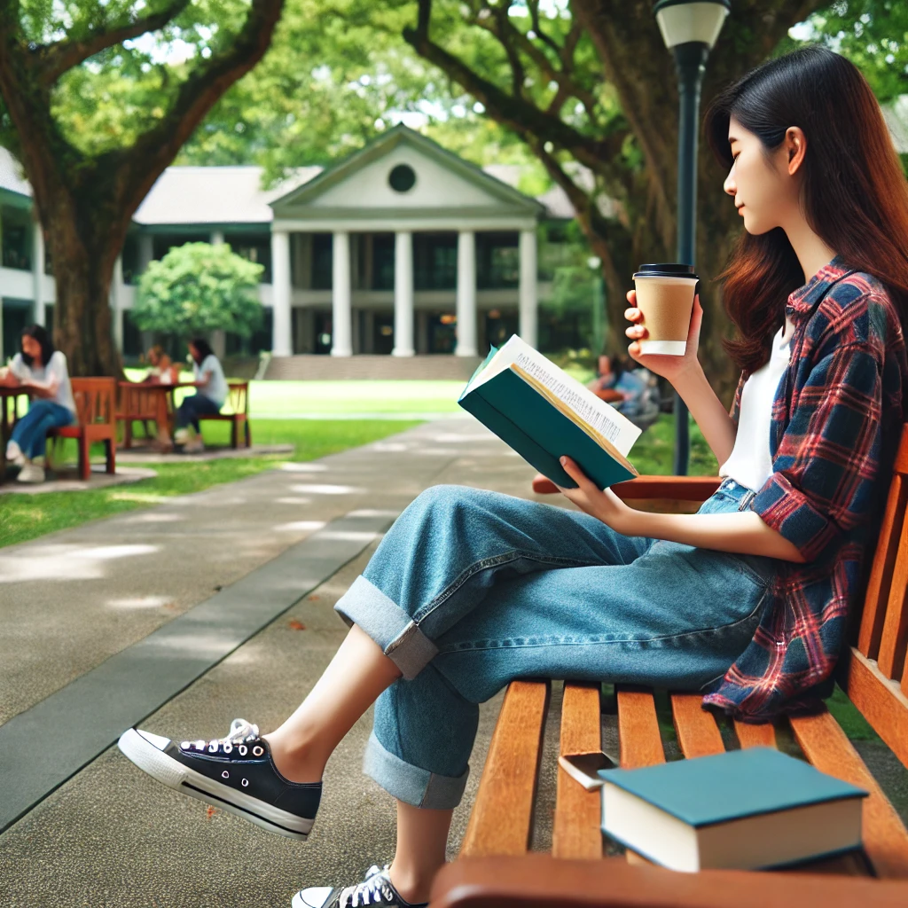 a woman sitting on a bench reading a book and drinking coffee