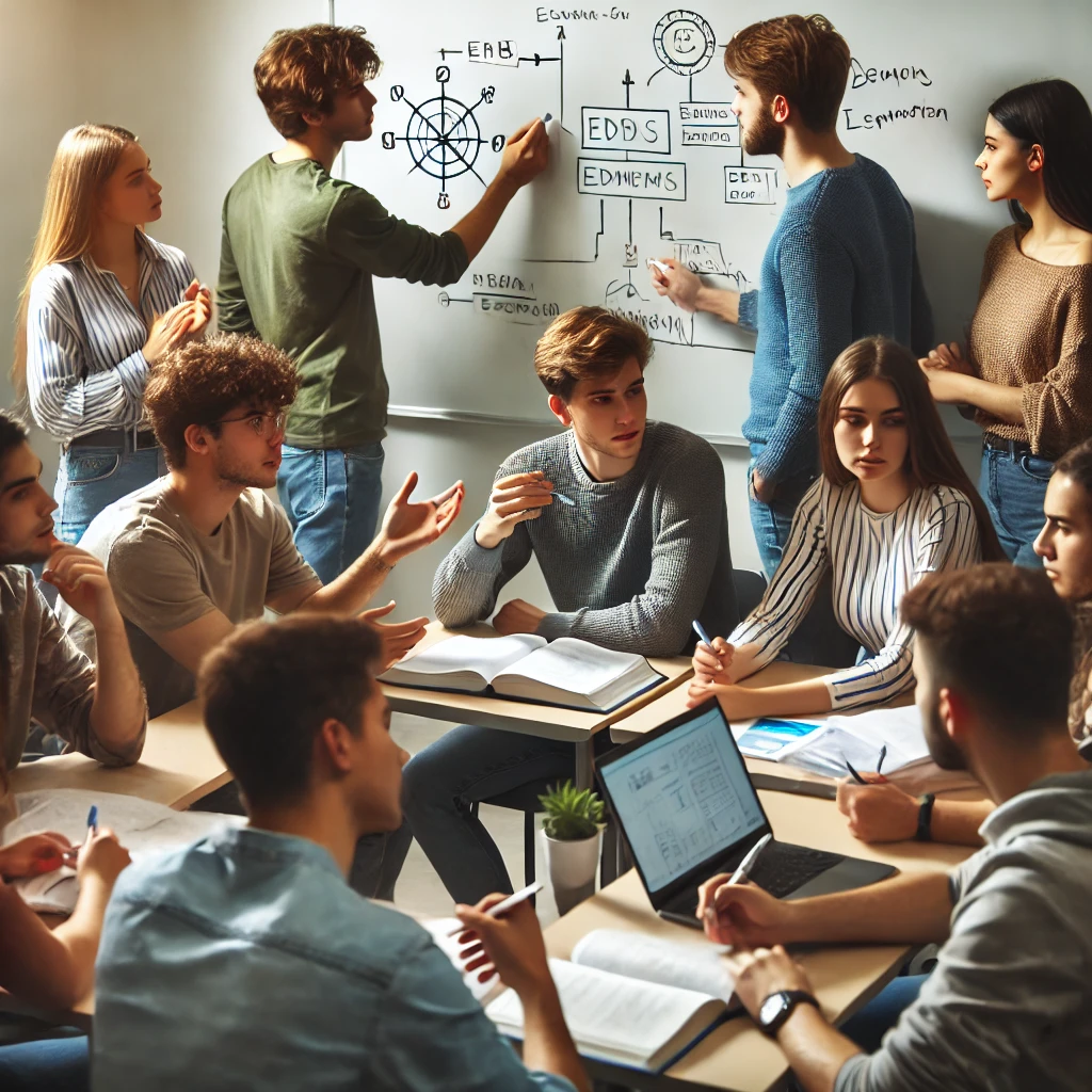  A group of college students engaged in a discussion in a classroom setting. They are actively participating, with one student explaining a concept