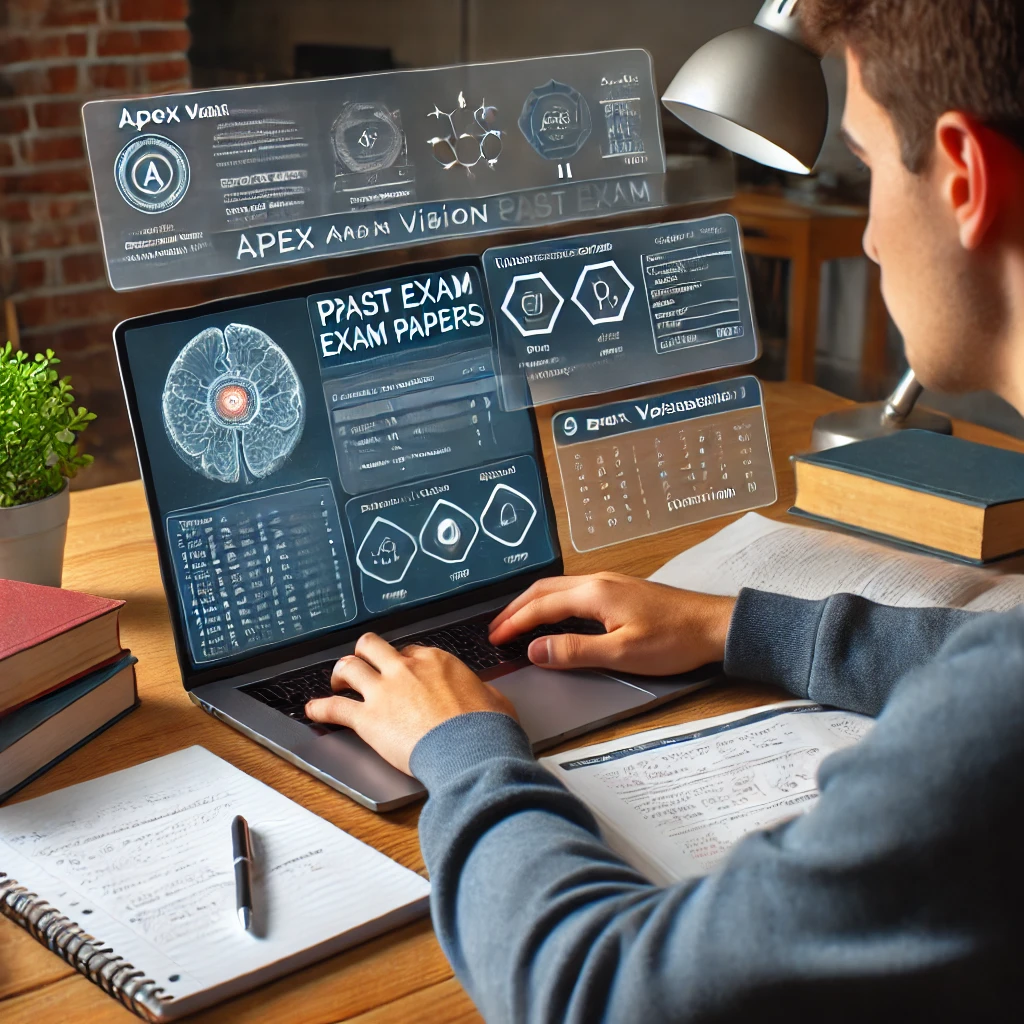  A college student practicing past exam papers at a desk with a laptop, notebooks, and textbooks. The Apex Vision AI interface is on the laptop screen