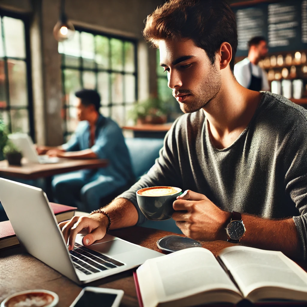  A college student studying in a coffee shop, sitting at a table with a laptop, textbooks, and a cup of coffee. The student is focused 