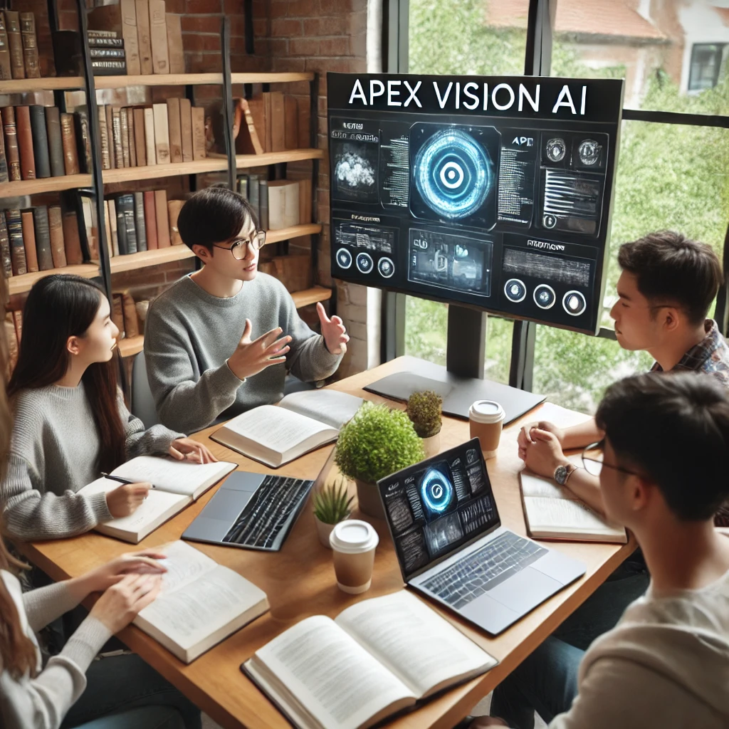 A group of college students sitting around a table in a modern study room, discussing notes and using laptops. One student is showing the Apex Vision AI