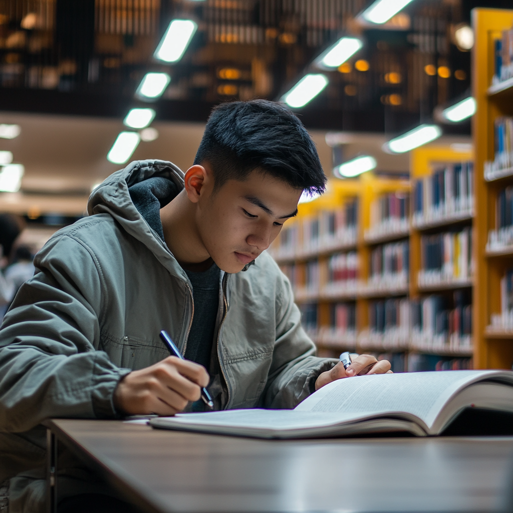 college student doing homework at the library