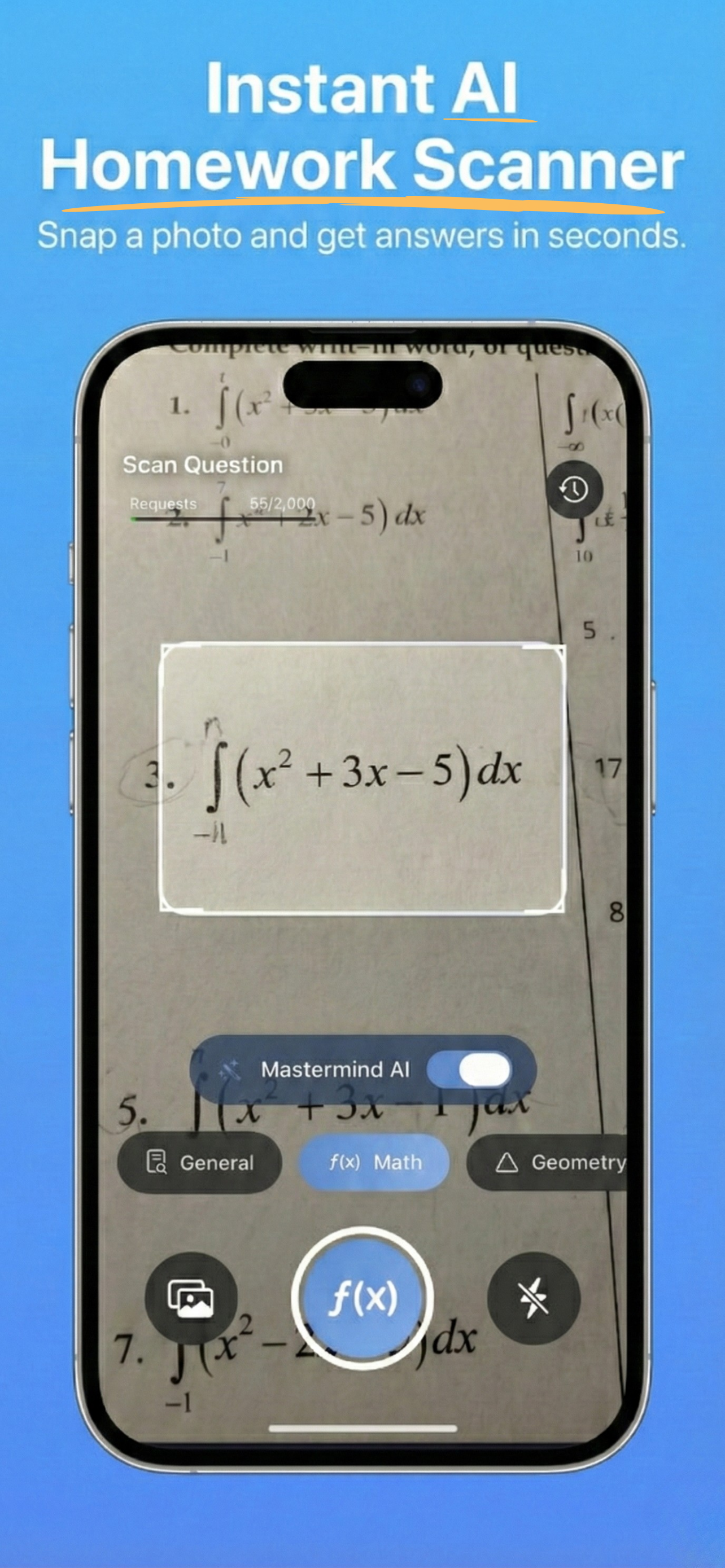Student using Apex Vision AI iOS app to capture and solve a math problem from their worksheet