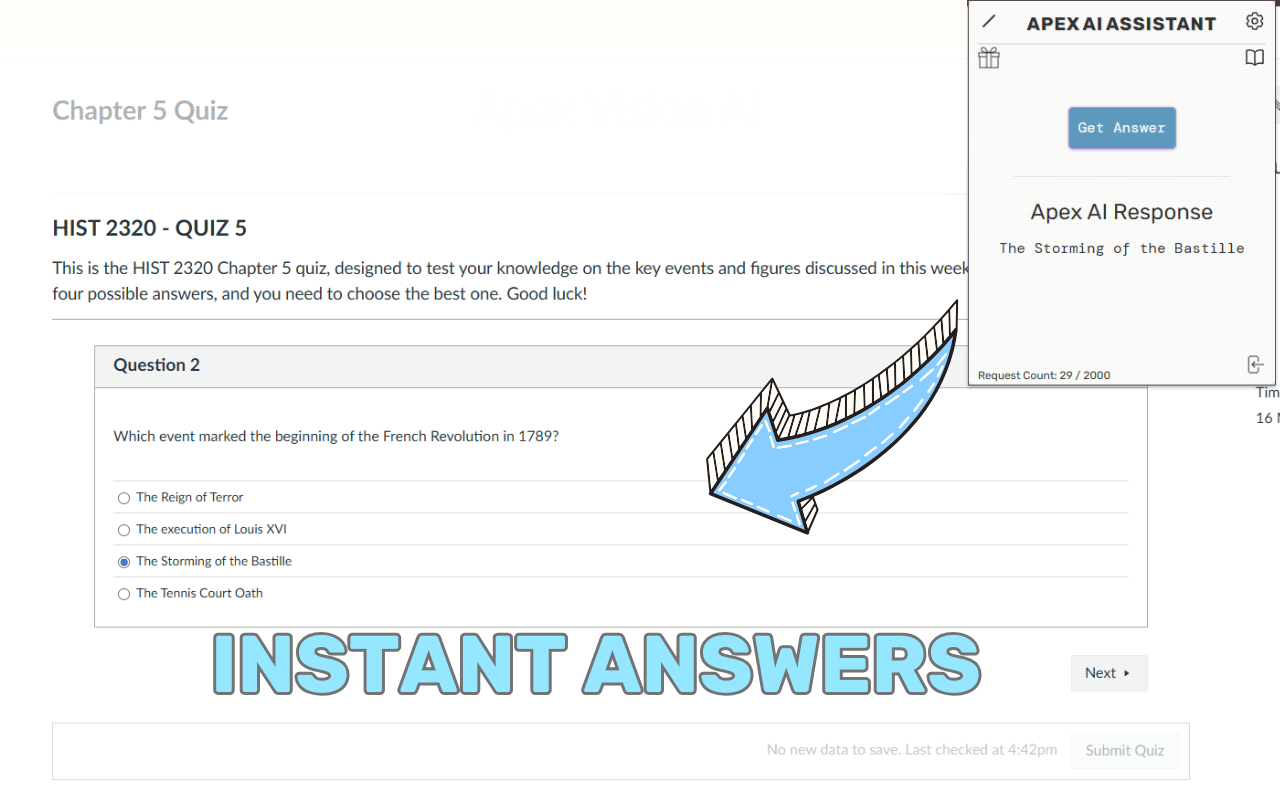 Apex AI Chrome Extension answering Canvas quiz questions